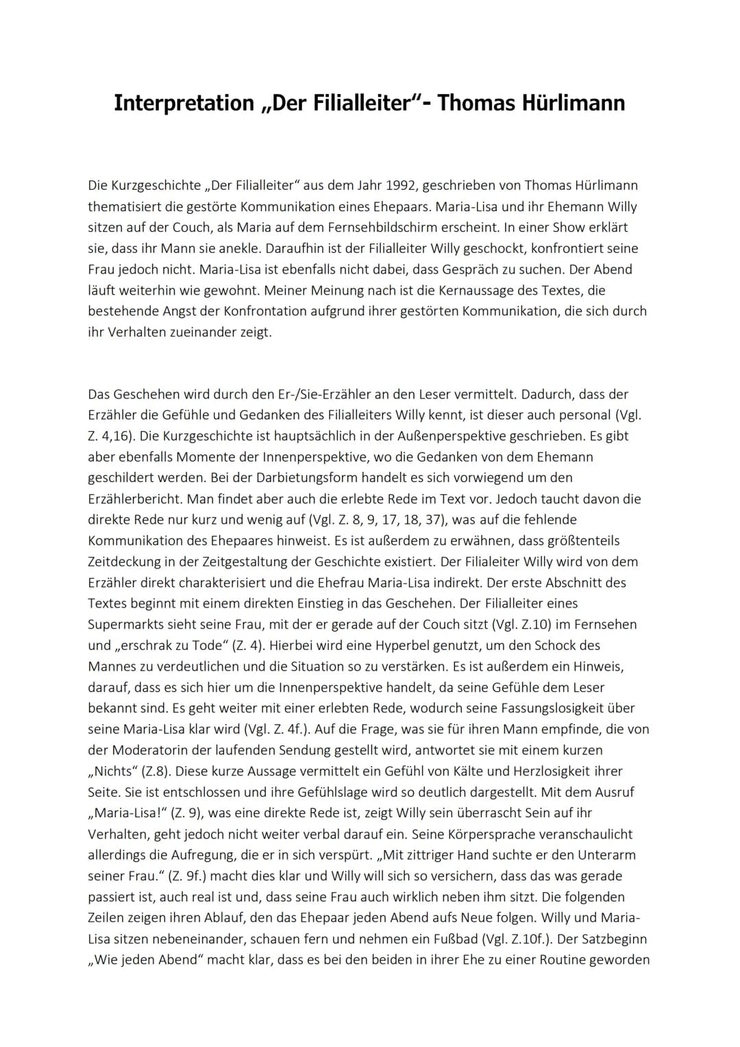 Interpretation ,,Der Filialleiter"- Thomas Hürlimann
Die Kurzgeschichte ,,Der Filialleiter" aus dem Jahr 1992, geschrieben von Thomas Hürlim