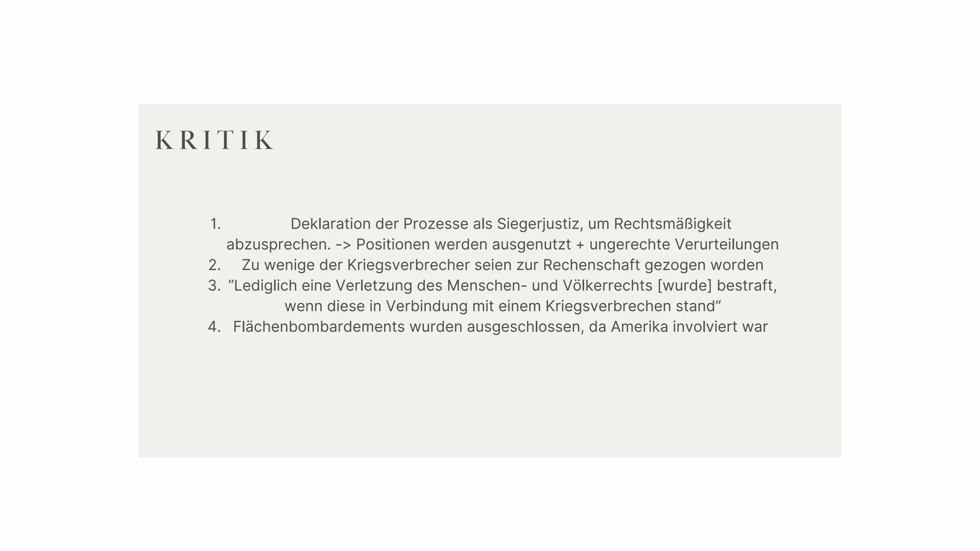 9
NÜRNBERGER PROZESSE
Nov. 1945- Apr. 1949 THEMENBEREICHE
Allgemeine Informationen
01
02
Entstehung der Prozesse
-> Ursachen
03 Durchführung