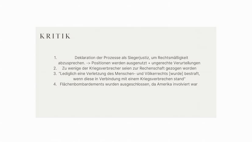 9
NÜRNBERGER PROZESSE
Nov. 1945- Apr. 1949 THEMENBEREICHE
Allgemeine Informationen
01
02
Entstehung der Prozesse
-> Ursachen
03 Durchführung