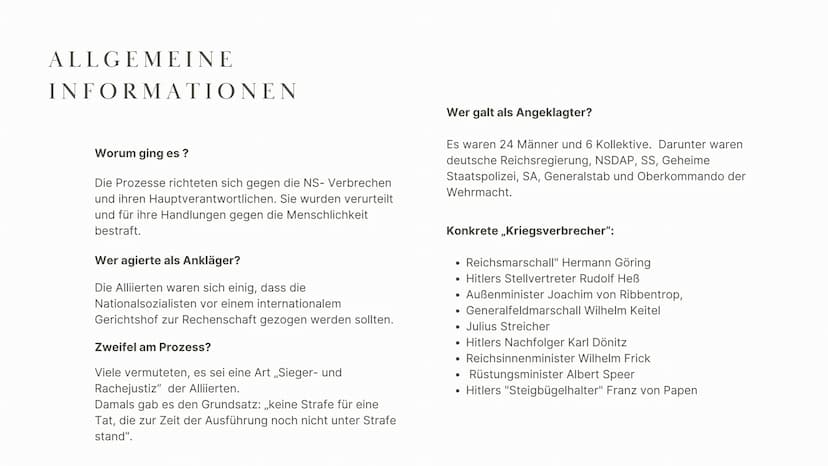 9
NÜRNBERGER PROZESSE
Nov. 1945- Apr. 1949 THEMENBEREICHE
Allgemeine Informationen
01
02
Entstehung der Prozesse
-> Ursachen
03 Durchführung