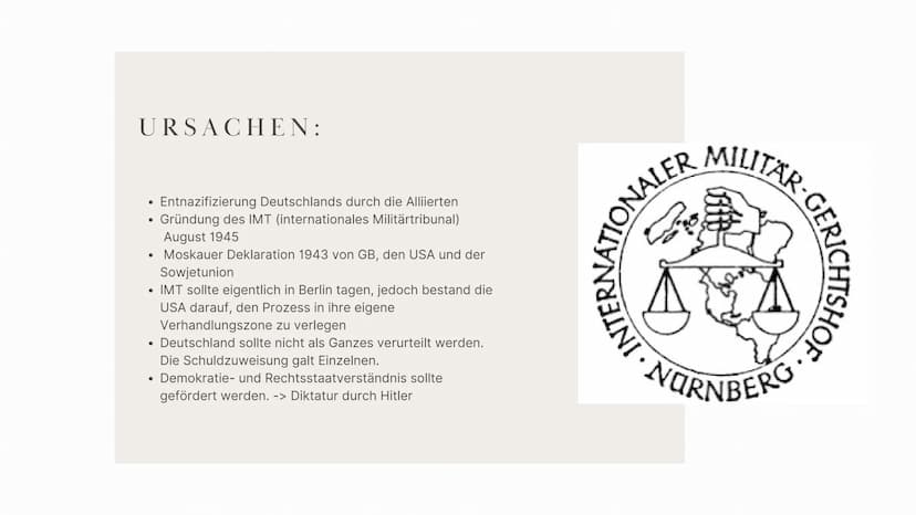 9
NÜRNBERGER PROZESSE
Nov. 1945- Apr. 1949 THEMENBEREICHE
Allgemeine Informationen
01
02
Entstehung der Prozesse
-> Ursachen
03 Durchführung