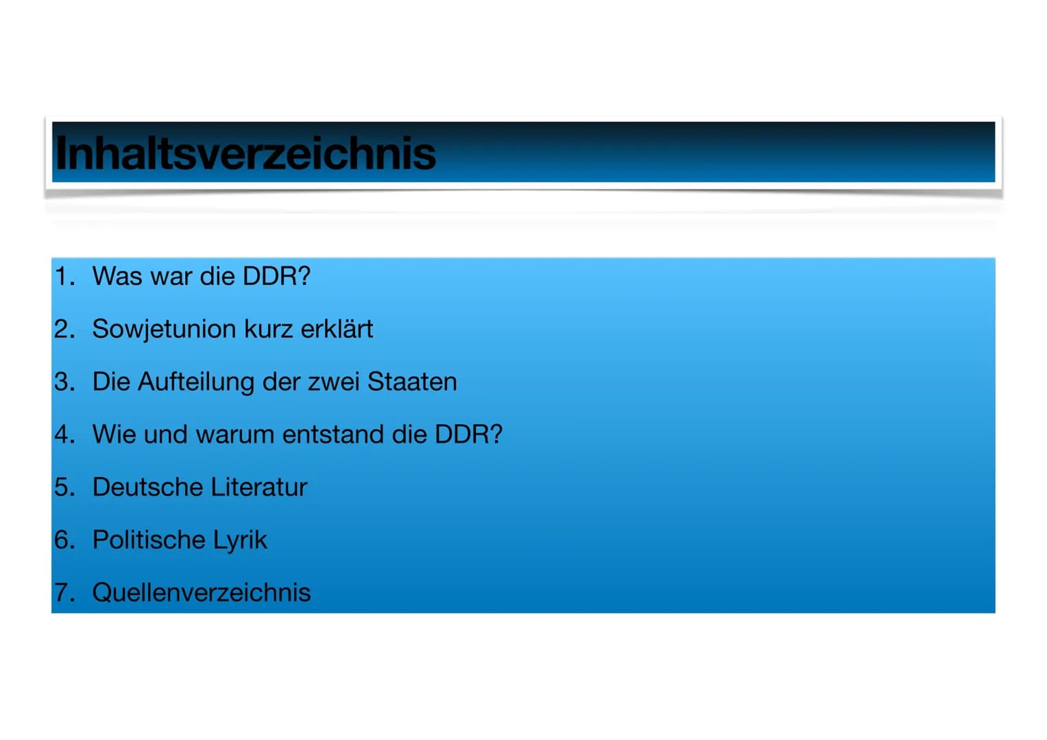 DDR
Deutsch Präsentation
Feride Ajvazi 13.01.2021
A Inhaltsverzeichnis
1. Was war die DDR?
2. Sowjetunion kurz erklärt
3. Die Aufteilung der