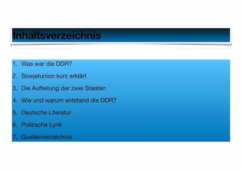DDR
Deutsch Präsentation
Feride Ajvazi 13.01.2021
A Inhaltsverzeichnis
1. Was war die DDR?
2. Sowjetunion kurz erklärt
3. Die Aufteilung der