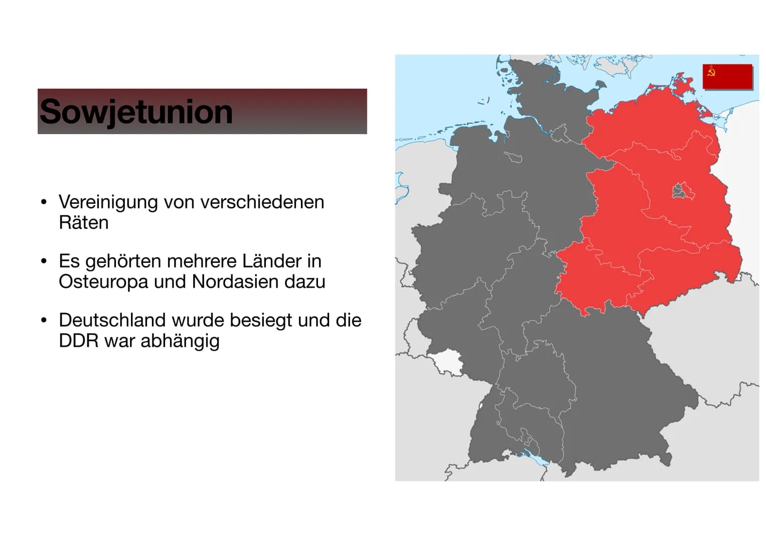 DDR
Deutsch Präsentation
Feride Ajvazi 13.01.2021
A Inhaltsverzeichnis
1. Was war die DDR?
2. Sowjetunion kurz erklärt
3. Die Aufteilung der