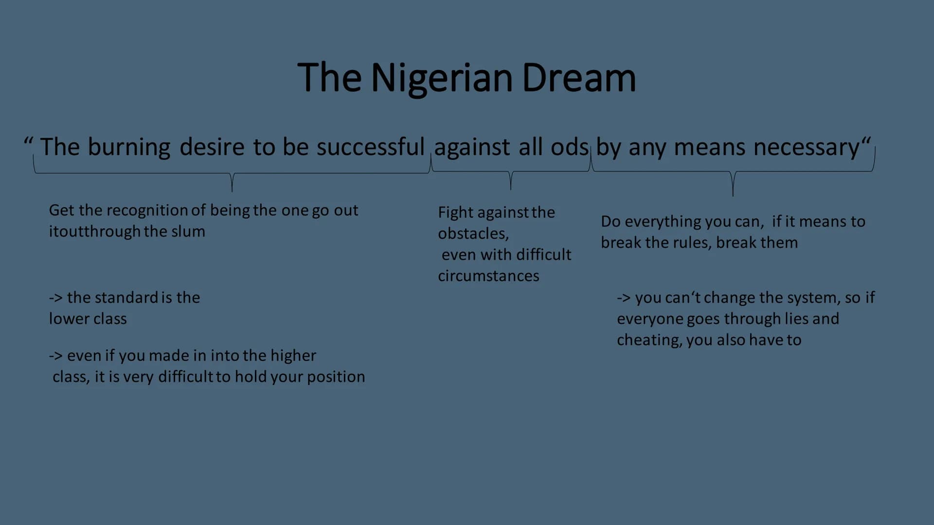 Nigerian Dreams and
Nightmares ➤Problems and nightmares
Vicious circle
• Role of women and girls
●
Structure
➤American Dream vs. Nigerian Dr