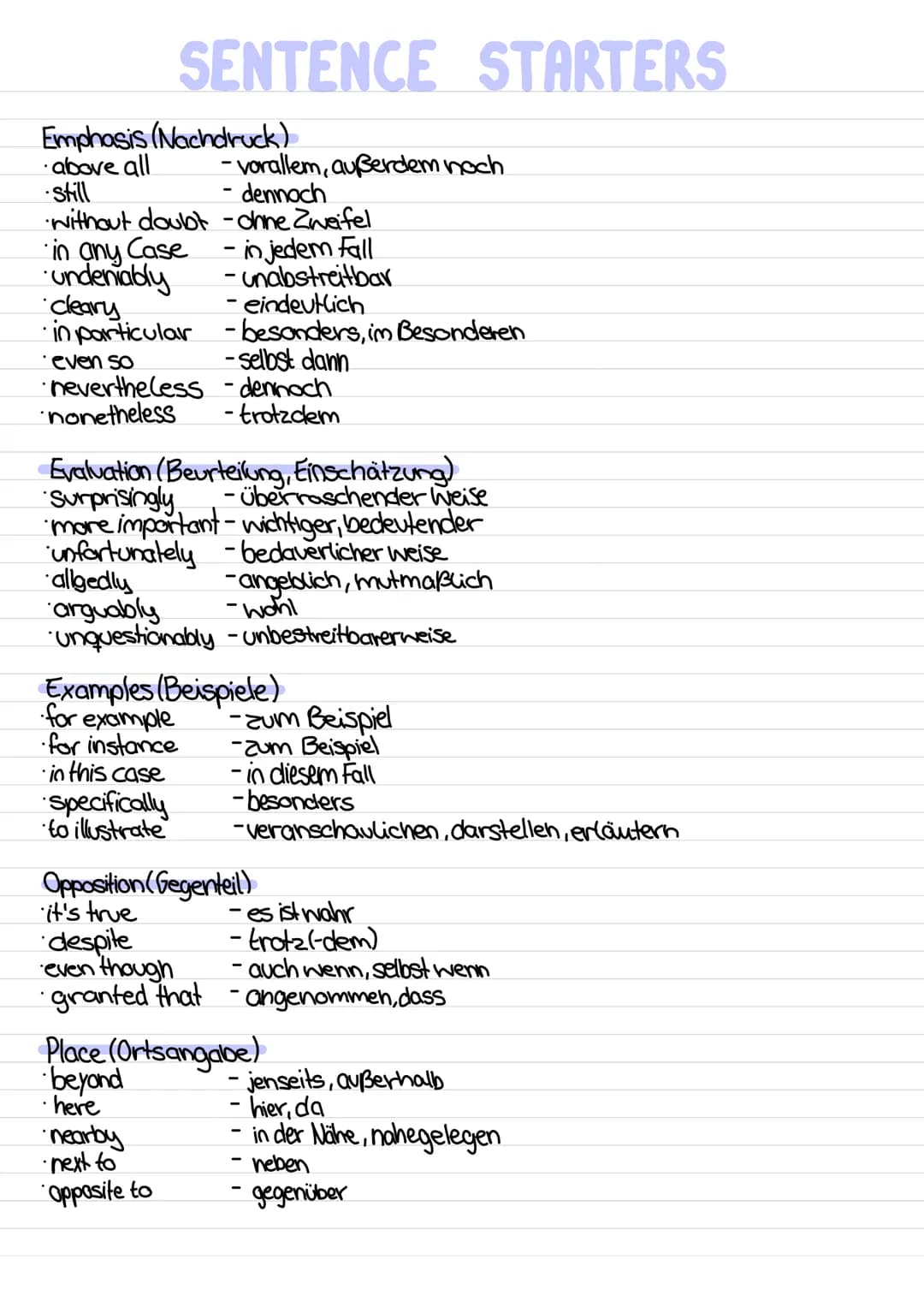 SENTENCE STARTERS
Emphasis (Nachdruck)
above all
still
even so
nevertheless
nonetheless
- vorallem, außerdem noch
dennoch
without doubt -ohn
