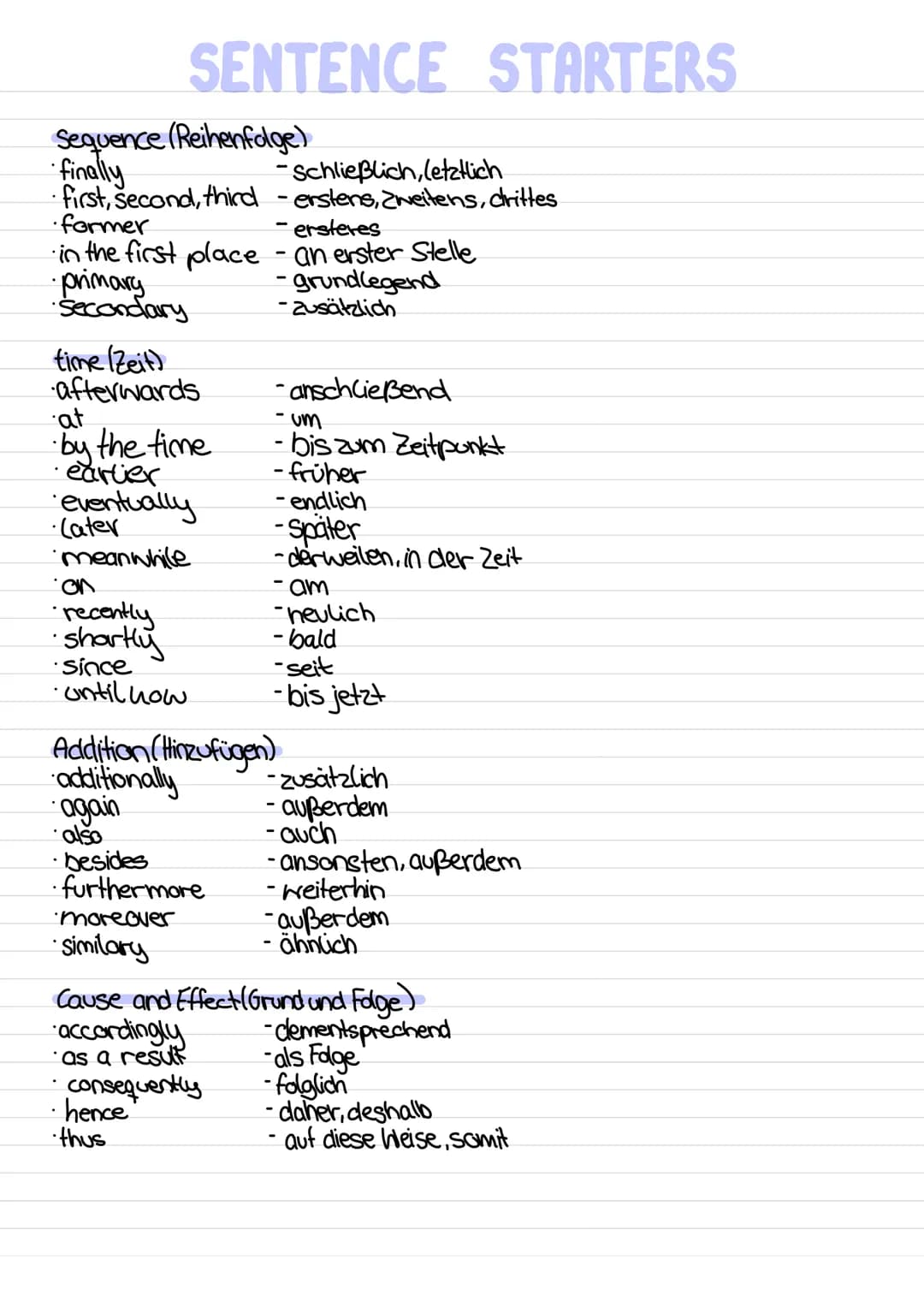 SENTENCE STARTERS
Emphasis (Nachdruck)
above all
still
even so
nevertheless
nonetheless
- vorallem, außerdem noch
dennoch
without doubt -ohn