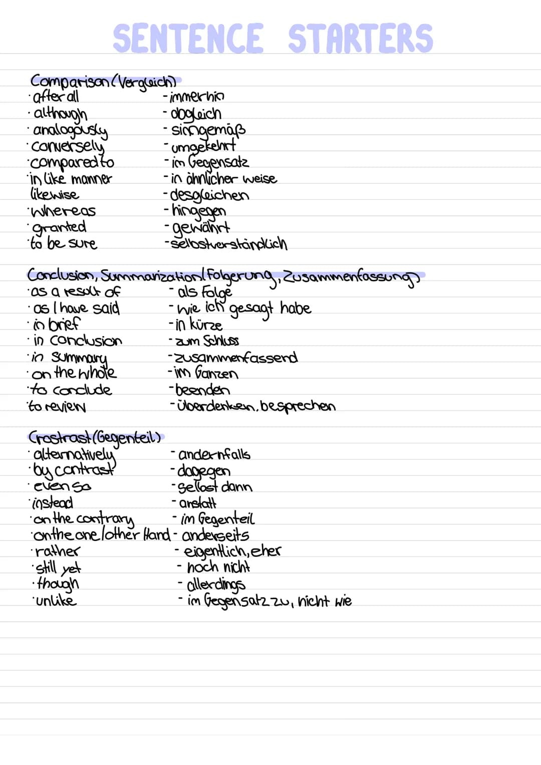 SENTENCE STARTERS
Emphasis (Nachdruck)
above all
still
even so
nevertheless
nonetheless
- vorallem, außerdem noch
dennoch
without doubt -ohn
