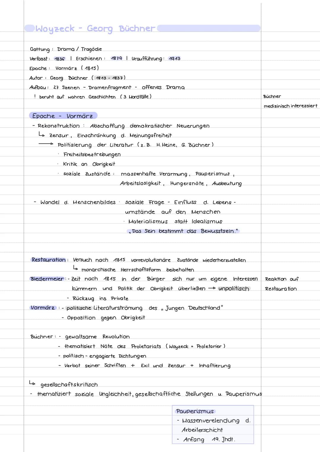 Woyzeck - Georg Büchner
Gattung Drama / Tragödie
Verfasst 1836 Erschienen: 1879 | Uraufführung: 1913
Epoche : Vormärz (1815)
Autor: Georg Bü