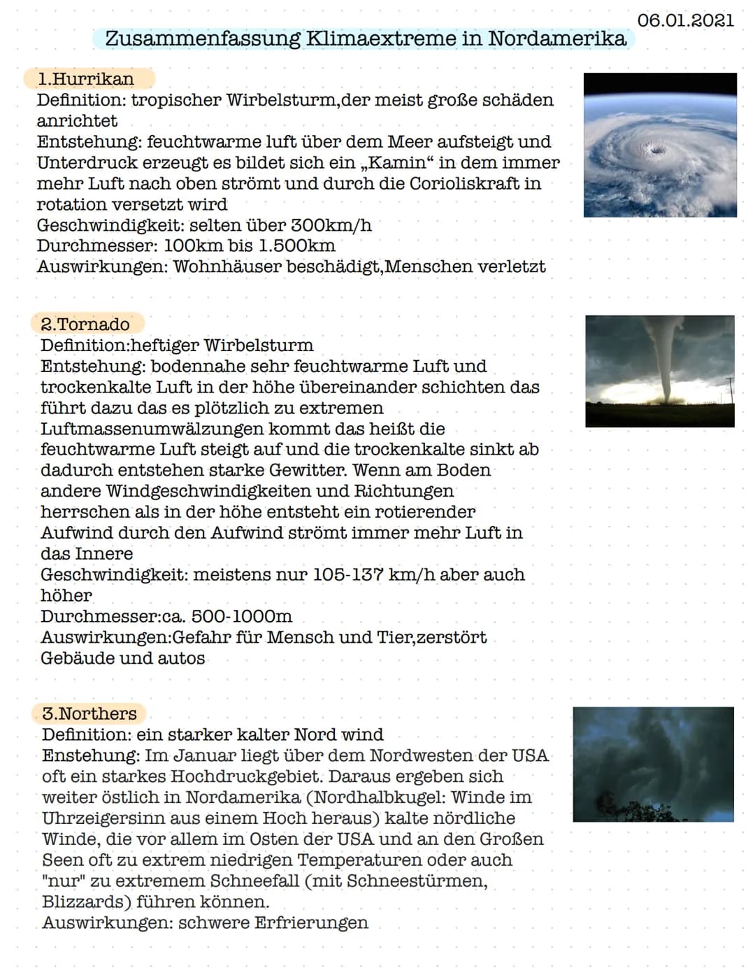 Zusammenfassung Klimaextreme in Nordamerika
1.Hurrikan
Definition: tropischer Wirbelsturm,der meist große schäden
anrichtet
Entstehung: feuc