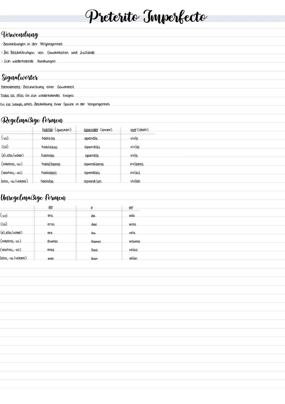 Verwendung
-Beschreibungen in der Vergangenheit
- Bei Beschreibungen von Gewohnheiten und Zustände
-Sich wiederholende Handlungen
Signalwort