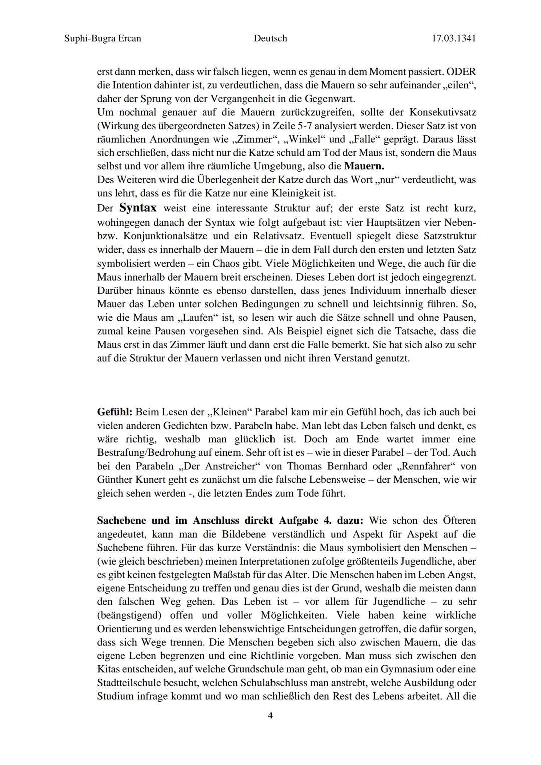 Suphi-Bugra Ercan
Deutsch
17.03.1341
Franz Kafka: Kleine Fabel
1. Kreuzen Sie mögliche thematische Aspekte der Parabel an und begründen Sie

