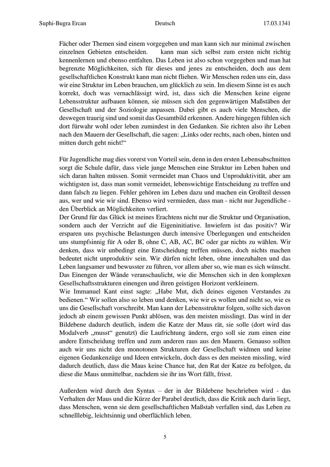 Suphi-Bugra Ercan
Deutsch
17.03.1341
Franz Kafka: Kleine Fabel
1. Kreuzen Sie mögliche thematische Aspekte der Parabel an und begründen Sie
