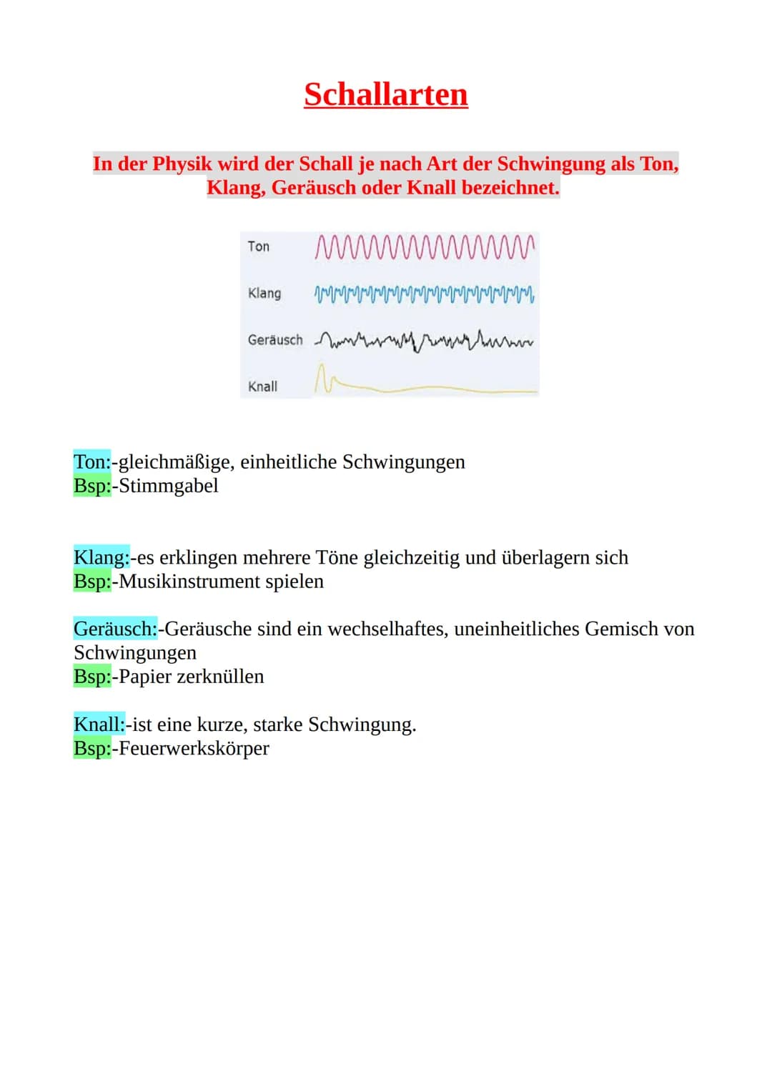 In der Physik wird der Schall je nach Art der Schwingung als Ton,
Klang, Geräusch oder Knall bezeichnet.
wwwwwwwwwwwww
Ton
Klang
Schallarten