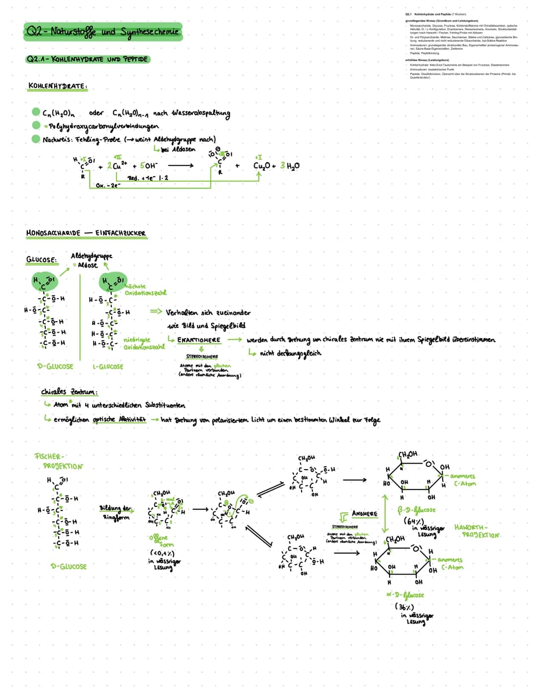 Q2- Naturstoffe und Synthese chemie
Q2.1-KOHLENHYDRATE UND PEPTIDE
KOHLENHYDRATE:
Cn (H₂O) n
oder C₁ (H₂0)n-1 nach Wasserabspaltung
= Polyhy