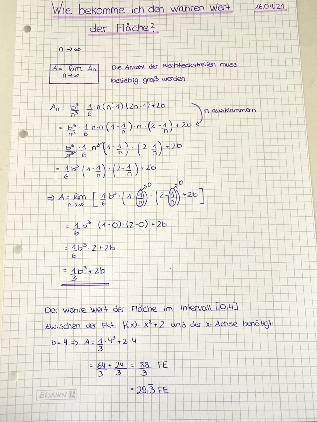 ед
Zerlegung
W-Rechlecke
An= f(0) · Ax + f(₁• Ax) · AX + f(2 AX). AX +...
in
= AX [1²³. AX² + 2². 4X² +....
↓
Bsp.: f(x) = x² +2 b=4 letzter