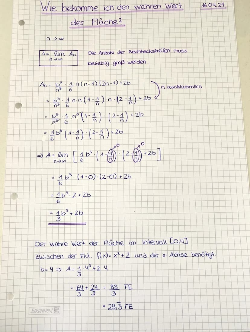 ед
Zerlegung
W-Rechlecke
An= f(0) · Ax + f(₁• Ax) · AX + f(2 AX). AX +...
in
= AX [1²³. AX² + 2². 4X² +....
↓
Bsp.: f(x) = x² +2 b=4 letzter