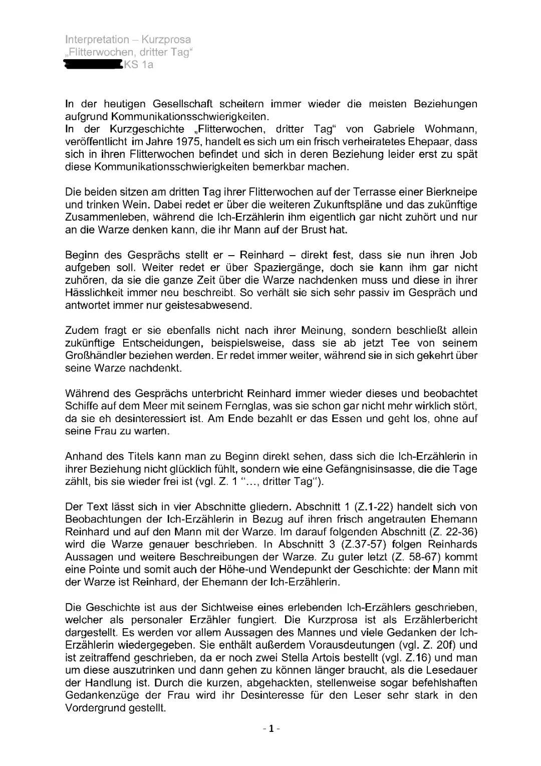 Interpretation „Flitterwochen, dritter Tag“ Kurzgeschichte 