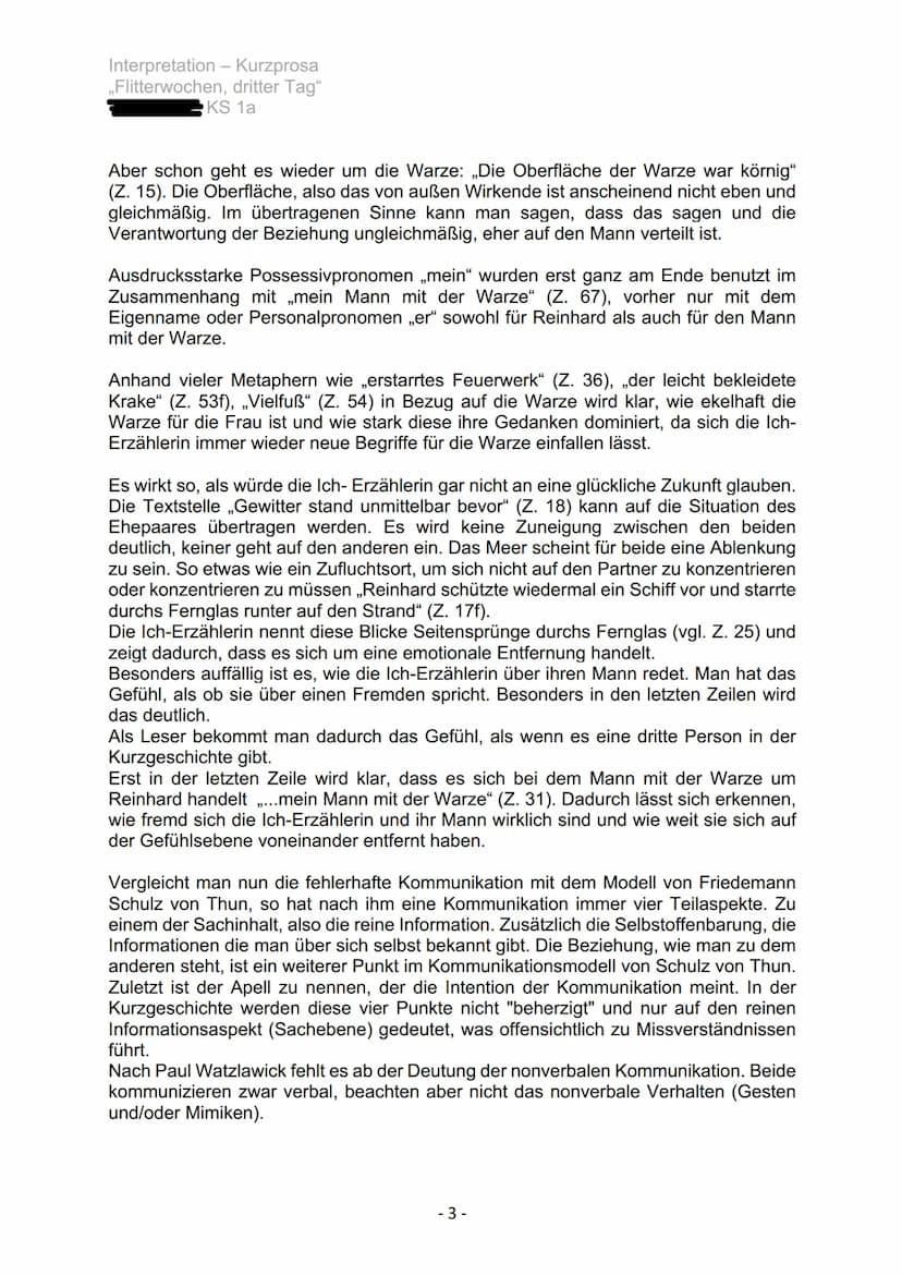 Interpretation - Kurzprosa
,,Flitterwochen, dritter Tag"
KS 1a
In der heutigen Gesellschaft scheitern immer wieder die meisten Beziehungen
a