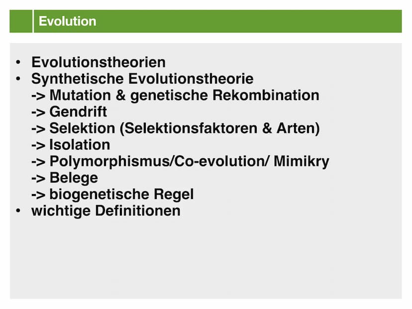 Biologie J2.2
EVOLUTION
- klausurzusammenfassung - ●
●
●
Evolution
Evolutionstheorien
Synthetische Evolutionstheorie
-> Mutation & genetisch