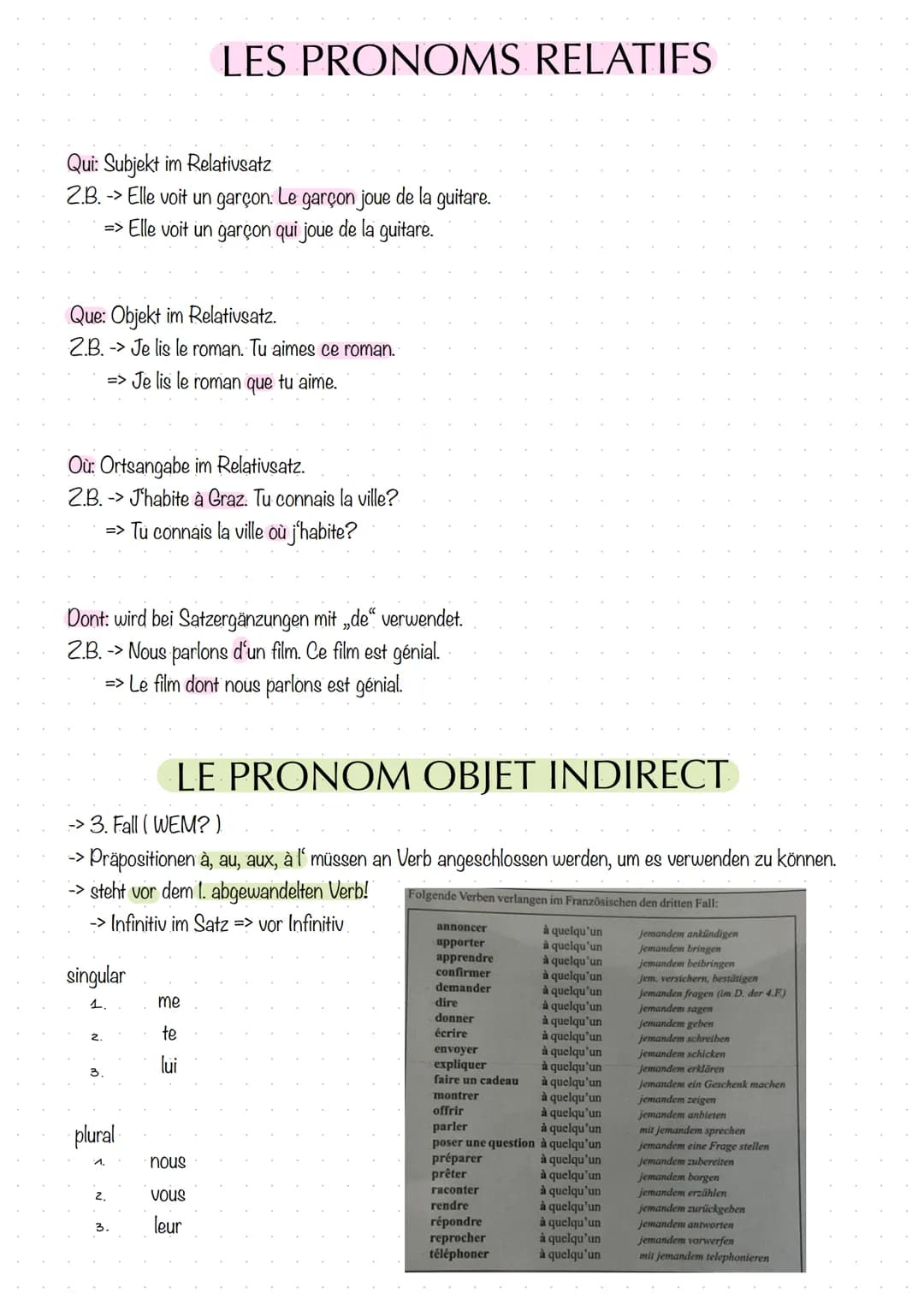 Qui: Subjekt im Relativsatz
2.B. -> Elle voit un garçon. Le garçon joue de la guitare.
=> Elle voit un garçon qui joue de la guitare.
Que: O