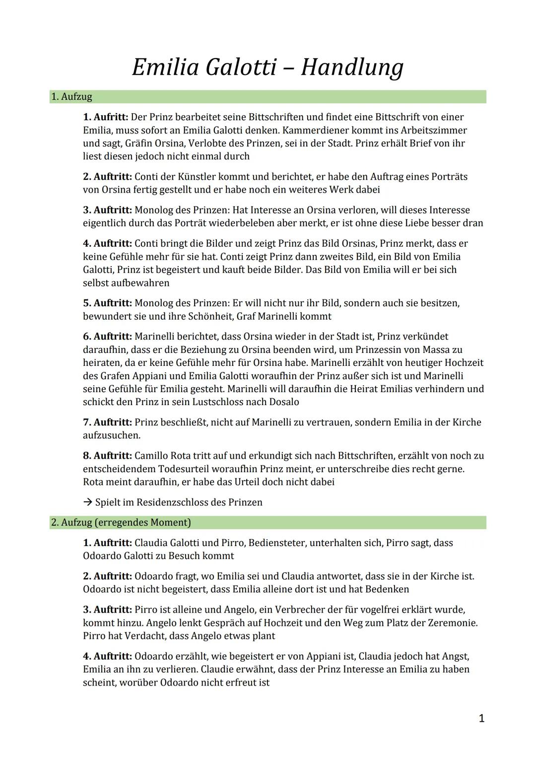 # Emilia Galotti – Handlung

1.  Aufzug

1.  Aufritt: Der Prinz bearbeitet seine Bittschriften und findet eine Bittschrift von einer
    Emi