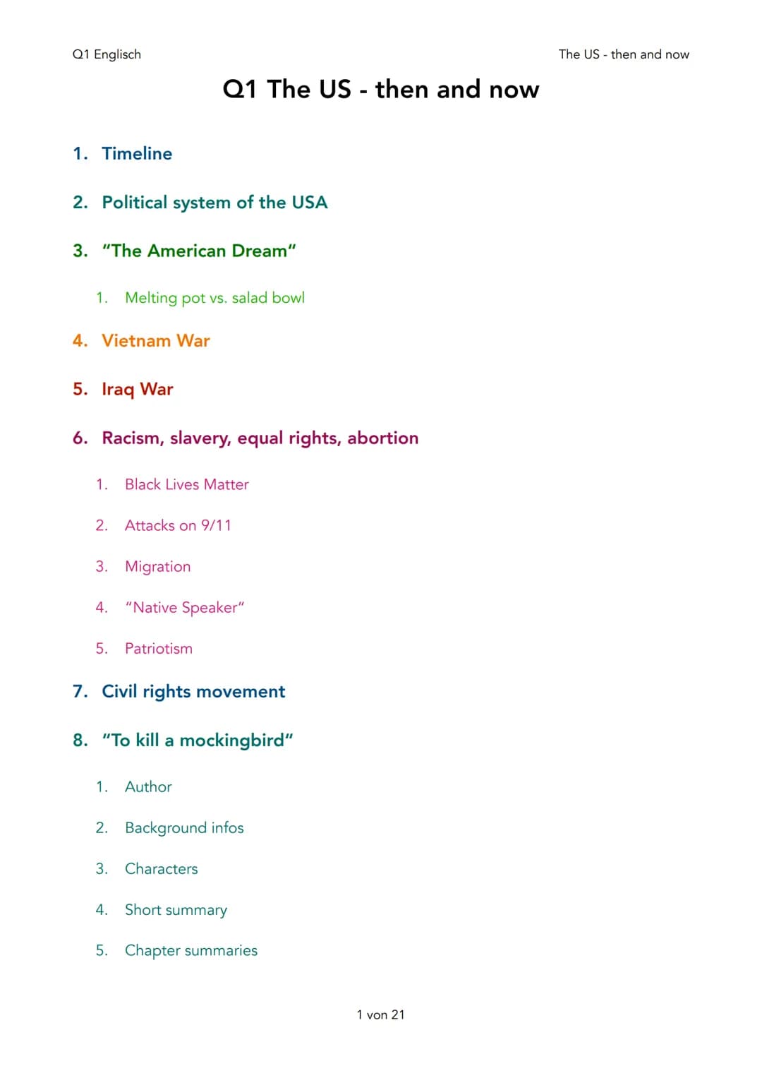 Q1 Englisch
1. Timeline
2. Political system of the USA
3. "The American Dream"
1. Melting pot vs. salad bowl
4. Vietnam War
5. Iraq War
Q1 T