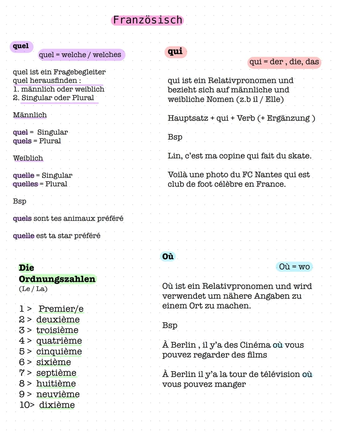 W
Französisch quel
quel ist ein Fragebegleiter
quel herausfinden:
1. männlich oder weiblich
2. Singular oder Plural
quel = welche / welches
