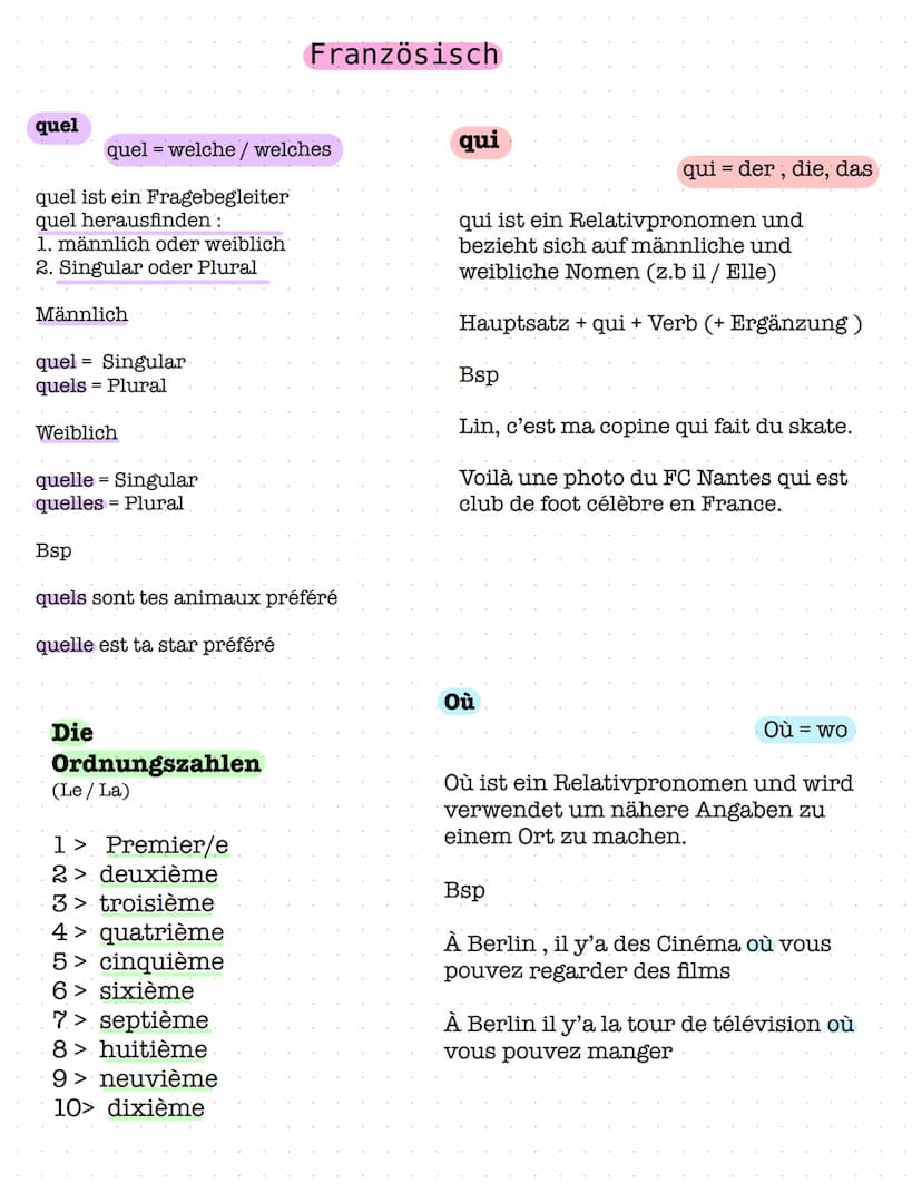 W
Französisch quel
quel ist ein Fragebegleiter
quel herausfinden:
1. männlich oder weiblich
2. Singular oder Plural
quel = welche / welches
