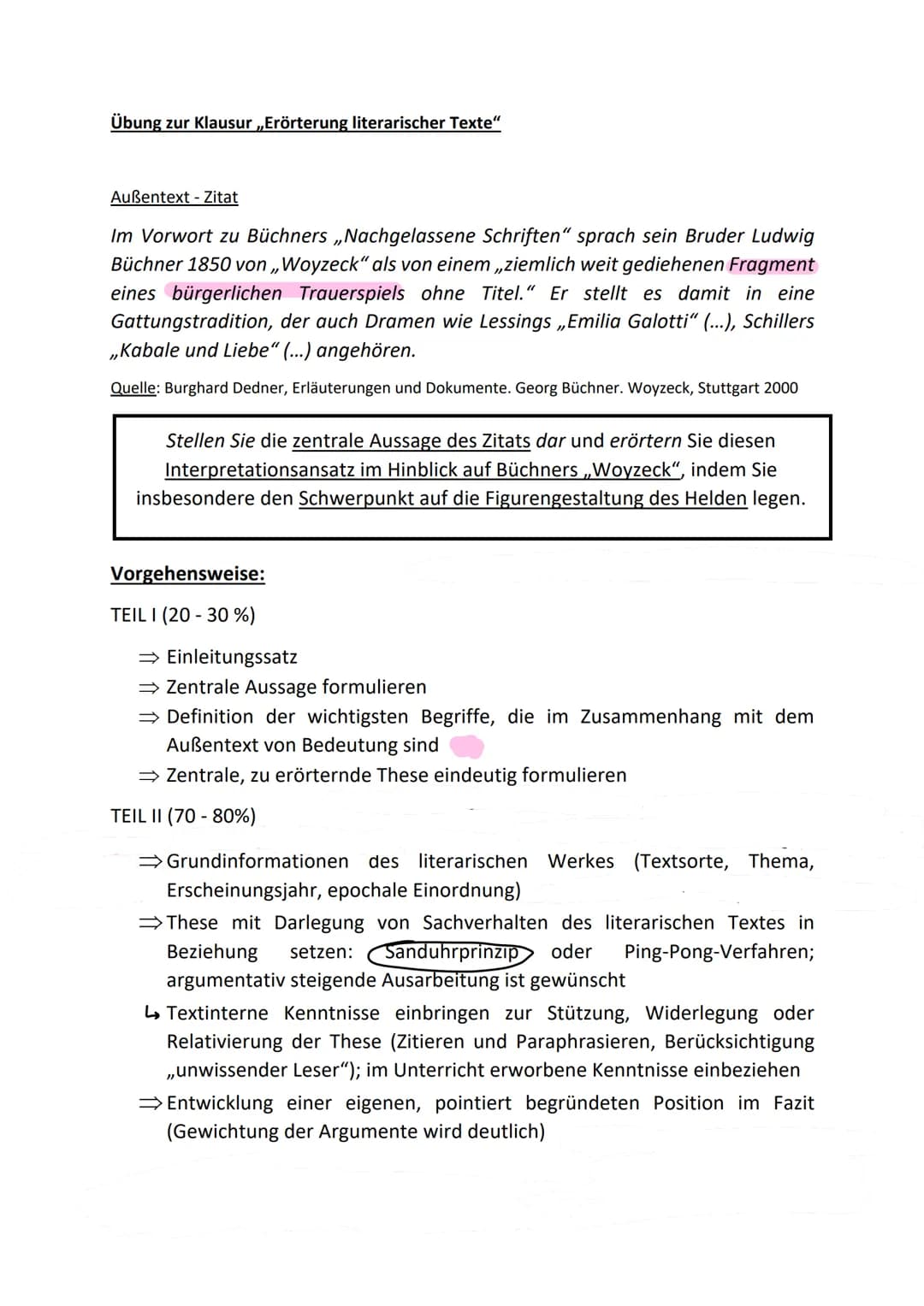 Übung zur Klausur „Erörterung literarischer Texte"
Außentext - Zitat
Im Vorwort zu Büchners ,,Nachgelassene Schriften" sprach sein Bruder Lu