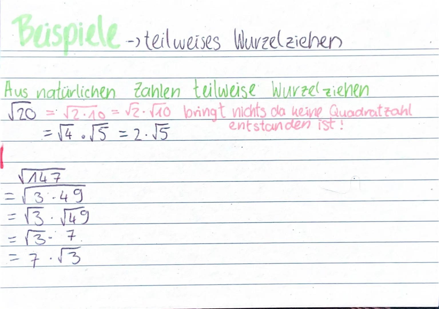 Teilweises Wurzelziehen
Beispiel: √40 = √√4.10
√4·√10 = 2√10
Meyhe: Kann man den Radikanten so als Produkt
Schreiben, dass ein Faktor eine
Q