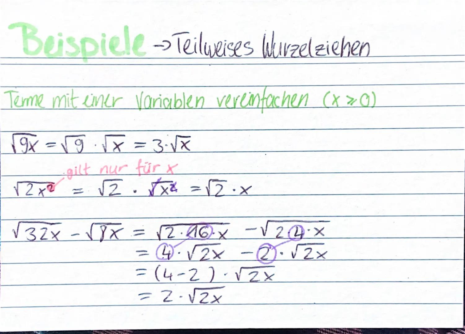 Teilweises Wurzelziehen
Beispiel: √40 = √√4.10
√4·√10 = 2√10
Meyhe: Kann man den Radikanten so als Produkt
Schreiben, dass ein Faktor eine
Q