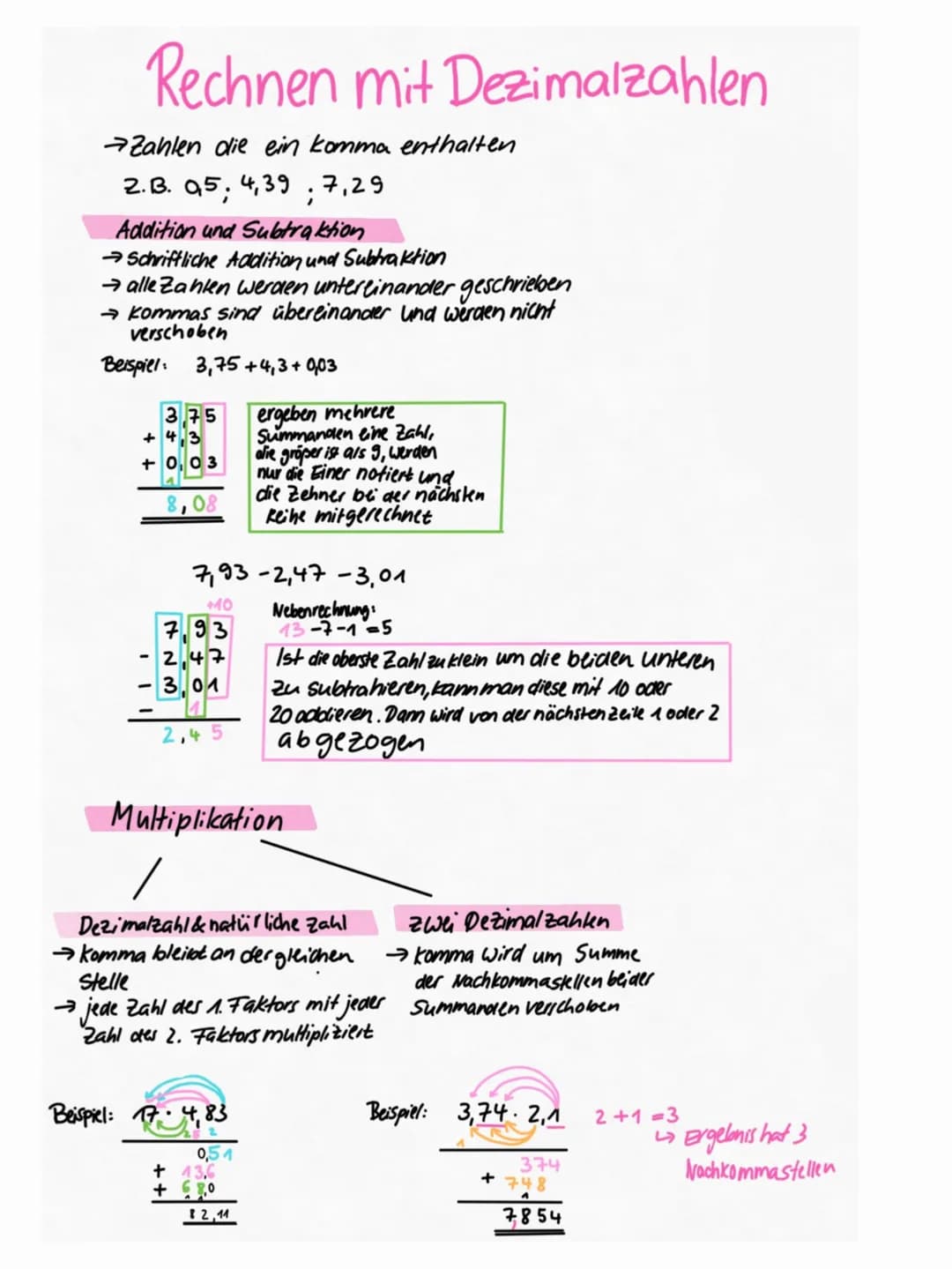 Rechnen mit Dezimalzahlen
Zahlen die ein komma enthalten
2.B. 95; 4,39; 7,29
Addition und Subtraktion
→Schriftliche Addition und Subtraktion