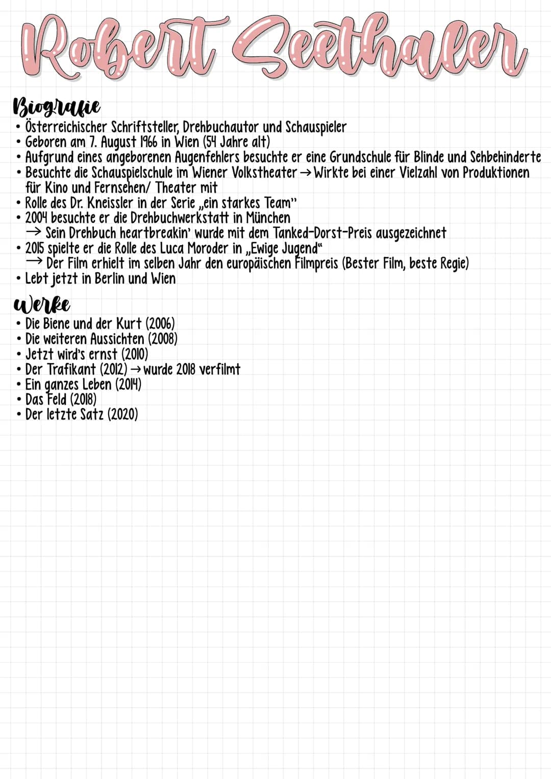 Robert Seethaler
Biografie
Österreichischer Schriftsteller, Drehbuchautor und Schauspieler
Geboren am 7. August 1966 in Wien (54 Jahre alt)
