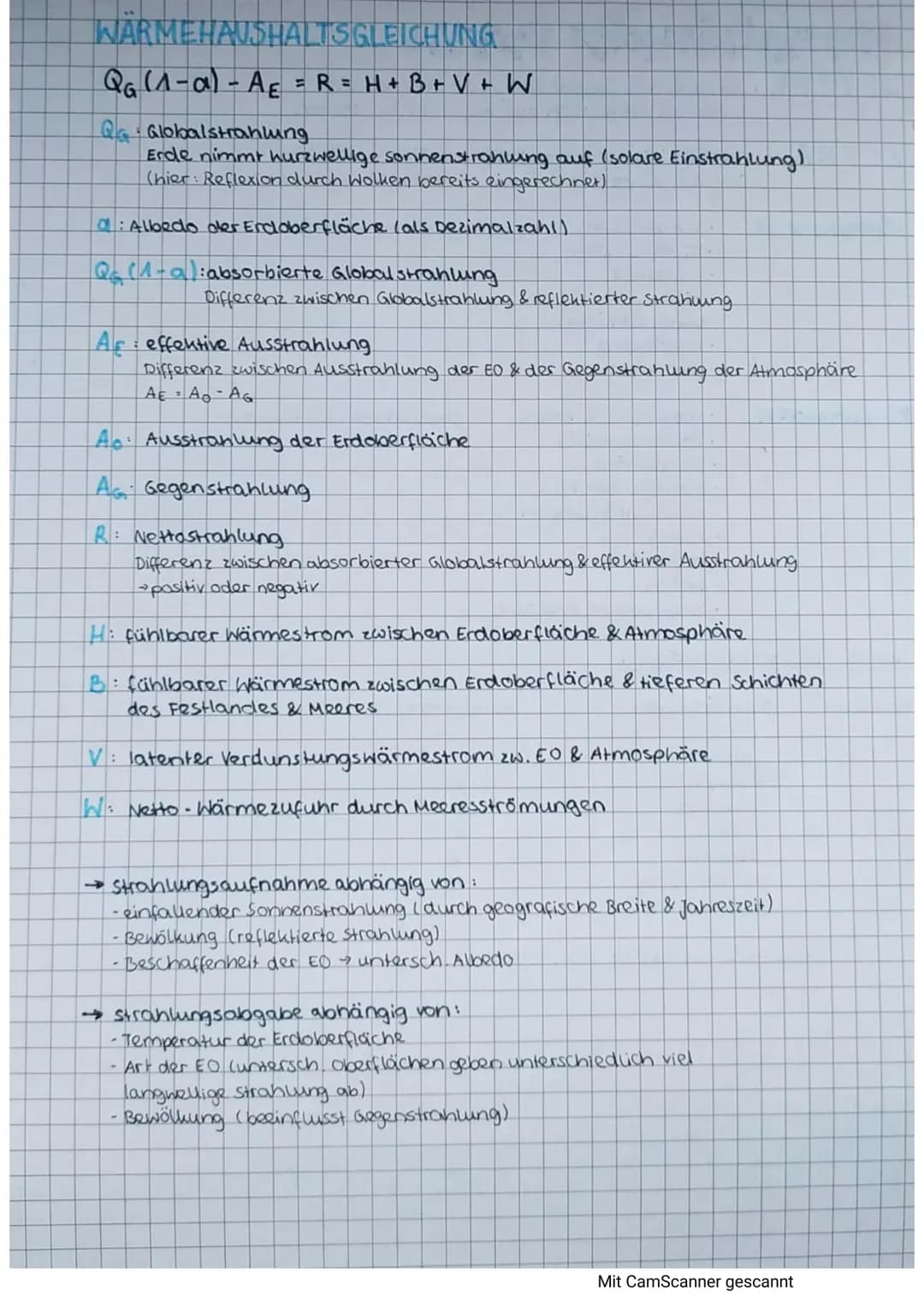 WARMEHAUSHALTSGLEICHUNG
QG (1-α) - Aε =R=H+B+V+ W
Q: Globalstrahlung
Erde nimmt hurzwellige sonnenstrahlung auf (solare Einstrahlung)
(hier: