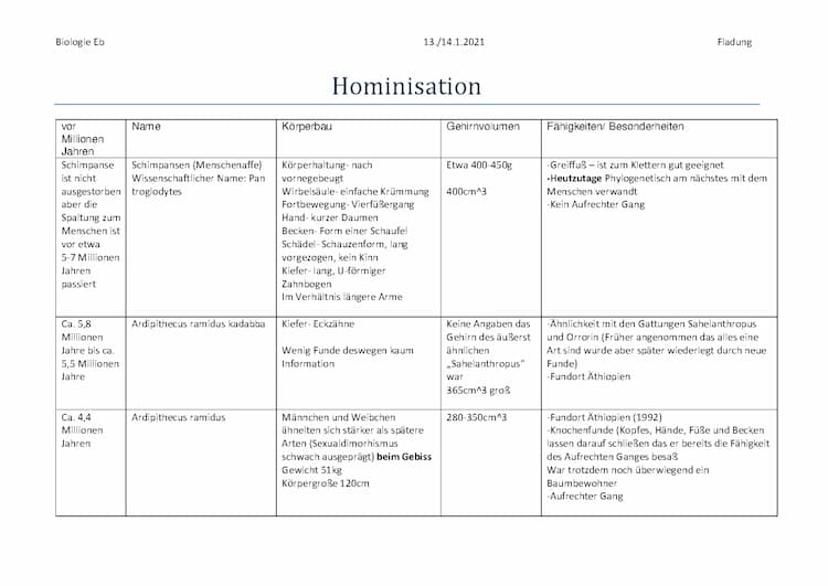 Know Hominisation [Alle Stadien der menschlichen Evolution vom Schimpansen zum Homo Sapiens Sapiens. Unterteilt in Körperbau, Gehirnvolumen und Fähigkeiten/ Besonderheiten] thumbnail