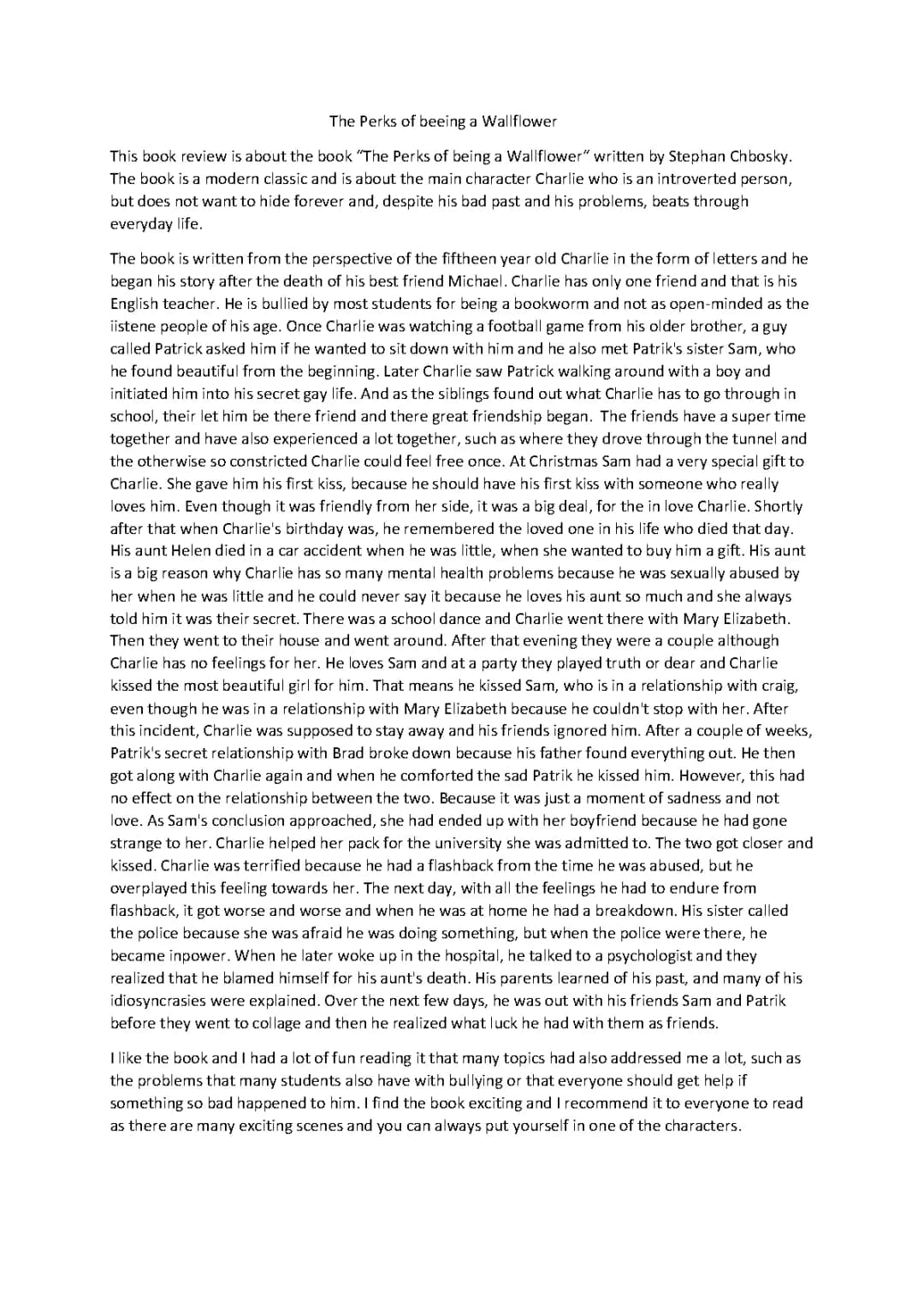 Book review "The Perks of beeing a Wallflower" 