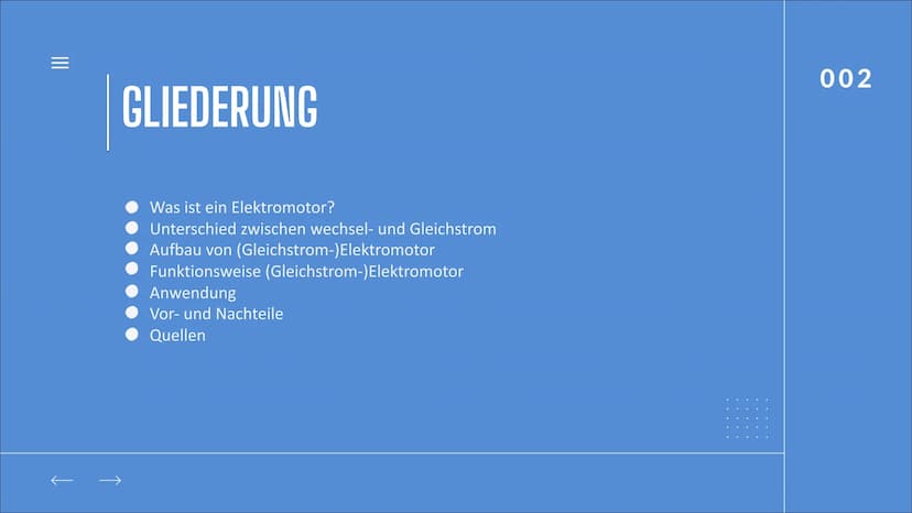 DER
ELEKTROMOTOR
BY AYA & Natalie
DOCE
001 |||
GLIEDERUNG
Was ist ein Elektromotor?
Unterschied zwischen wechsel- und Gleichstrom
Aufbau von