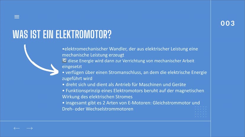 DER
ELEKTROMOTOR
BY AYA & Natalie
DOCE
001 |||
GLIEDERUNG
Was ist ein Elektromotor?
Unterschied zwischen wechsel- und Gleichstrom
Aufbau von