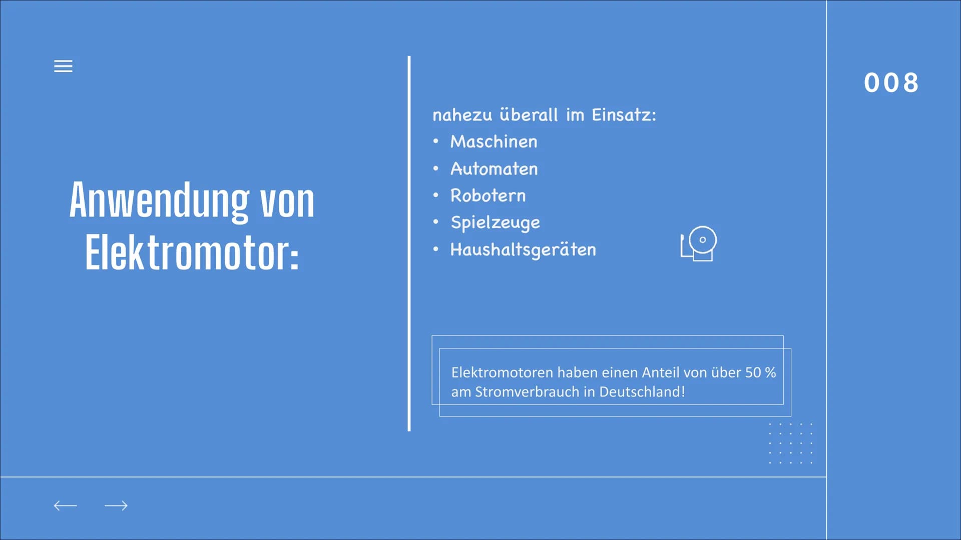 DER
ELEKTROMOTOR
BY AYA & Natalie
DOCE
001 |||
GLIEDERUNG
Was ist ein Elektromotor?
Unterschied zwischen wechsel- und Gleichstrom
Aufbau von