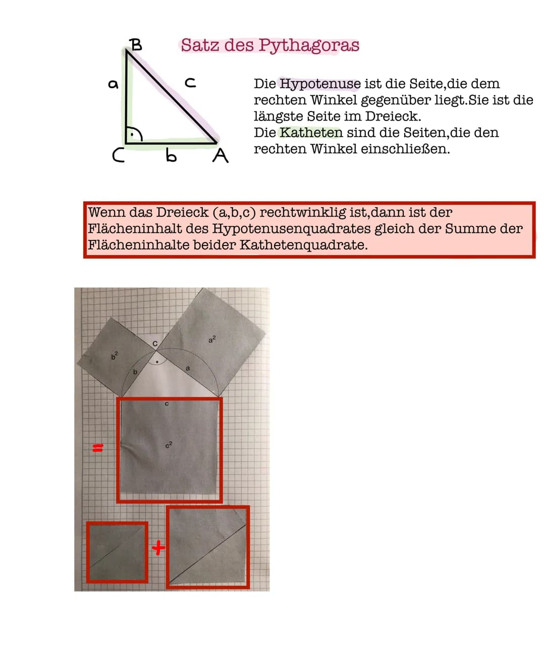 O
B
Cb A
b²
Satz des Pythagoras
Wenn das Dreieck (a,b,c) rechtwinklig ist, dann ist der
Flächeninhalt des Hypotenusenquadrates gleich der Su