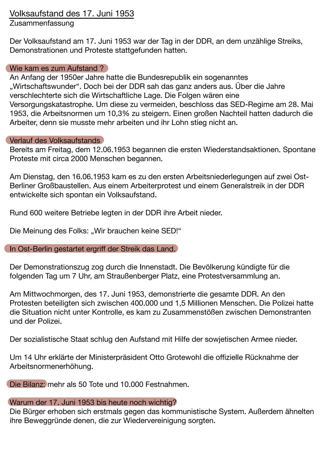 # Volksaufstand des 17. Juni 1953
Zusammenfassung

Der Volksaufstand am 17. Juni 1953 war der Tag in der DDR, an dem unzählige Streiks,
Demo