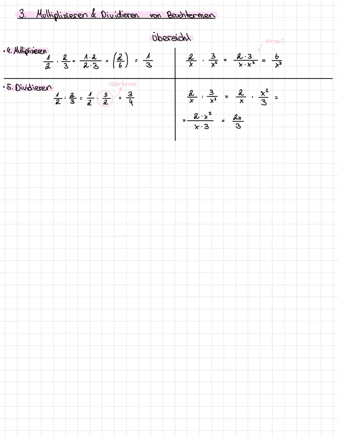 IV. Bruchterme &
1. Addieren k Sobtrahieren von Bruchtermen
вор. $\frac{2}{x} + \frac{3}{x^2} = ?$
• 1. Erweitern
$\frac{1}{3} = \frac{2}{6}