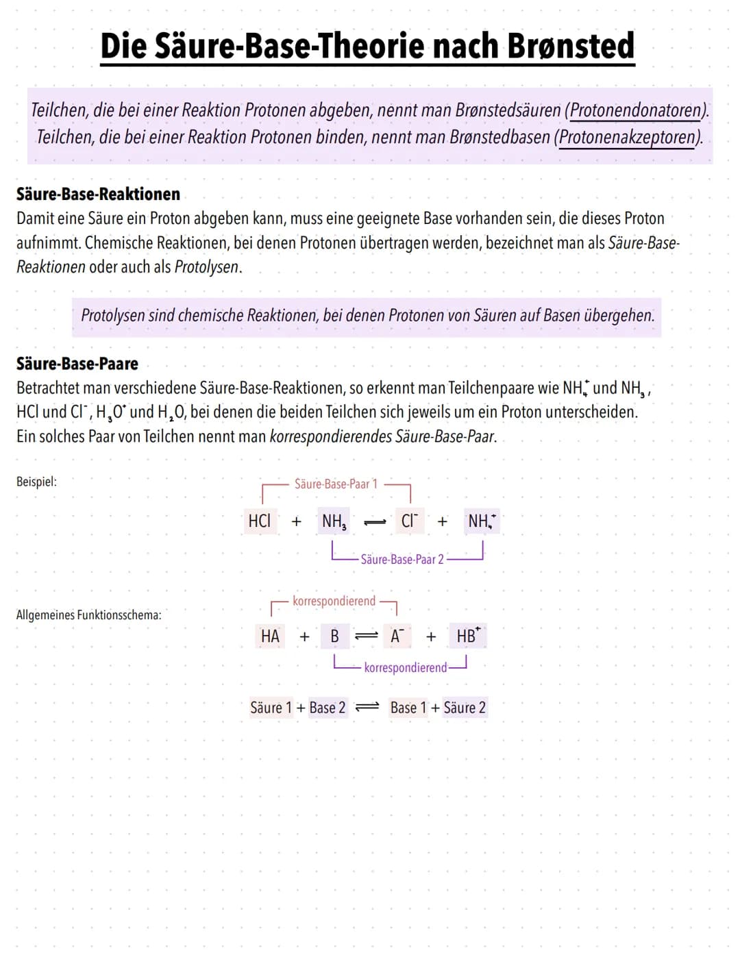 Die Säure-Base-Theorie nach Brønsted
Teilchen, die bei einer Reaktion Protonen abgeben, nennt man Brønstedsäuren (Protonendonatoren).
Teilch