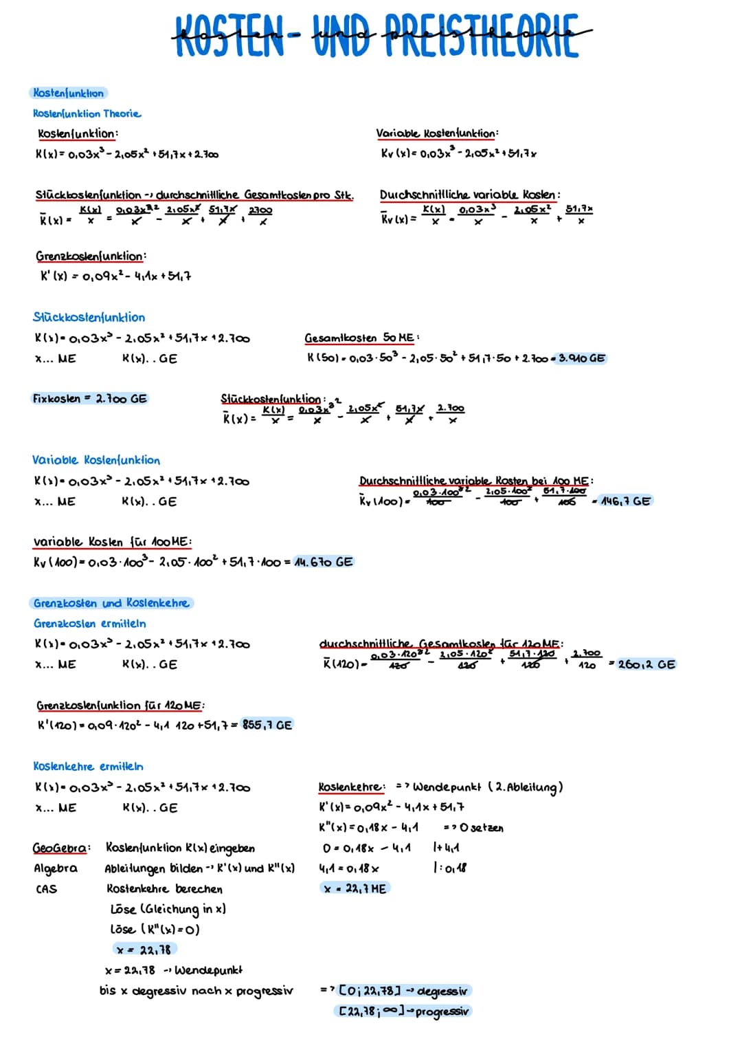 Kostenfunktion
Rostenfunktion Theorie
Kosten funktion:
K(x)= 0.03x³-2₁05x² +51,7x+2.300
Stuckbostenfunktion - durchschnittliche Gesamtkosten