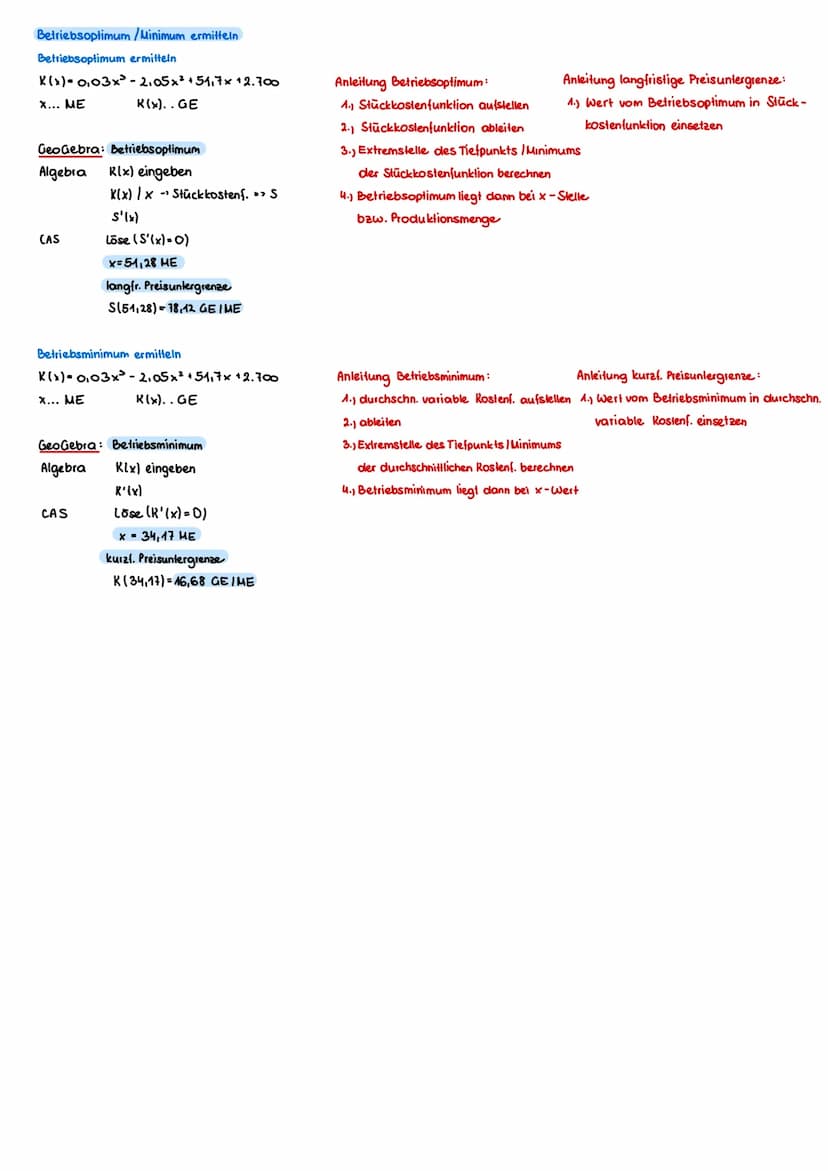 Kostenfunktion
Rostenfunktion Theorie
Kosten funktion:
K(x)= 0.03x³-2₁05x² +51,7x+2.300
Stuckbostenfunktion - durchschnittliche Gesamtkosten