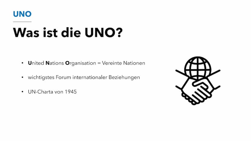 
<p>Die Vereinten Nationen, auch als United Nations Organisation (UNO) bekannt, sind eine internationale Organisation. Ihre Hauptbereiche um