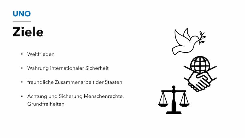 
<p>Die Vereinten Nationen, auch als United Nations Organisation (UNO) bekannt, sind eine internationale Organisation. Ihre Hauptbereiche um