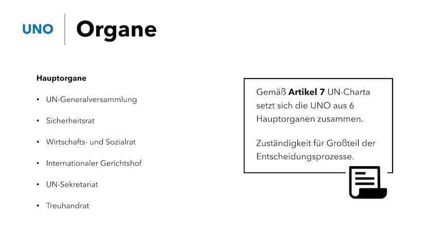 
<p>Die Vereinten Nationen, auch als United Nations Organisation (UNO) bekannt, sind eine internationale Organisation. Ihre Hauptbereiche um
