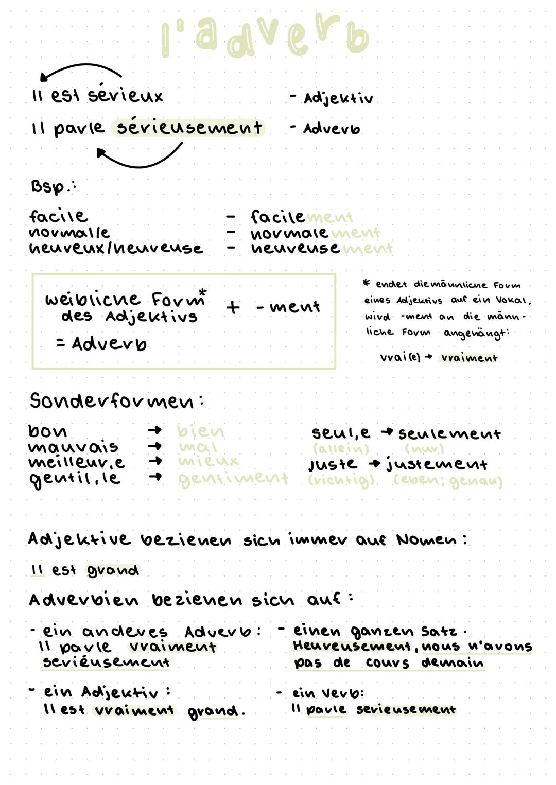 # l'adverb

Il est sérieux

Il parle sérieusement

- Adjektiv

- Adverb

Bsp.:

facile

normalle

heureux/neuveuse

- facilement

- normale 